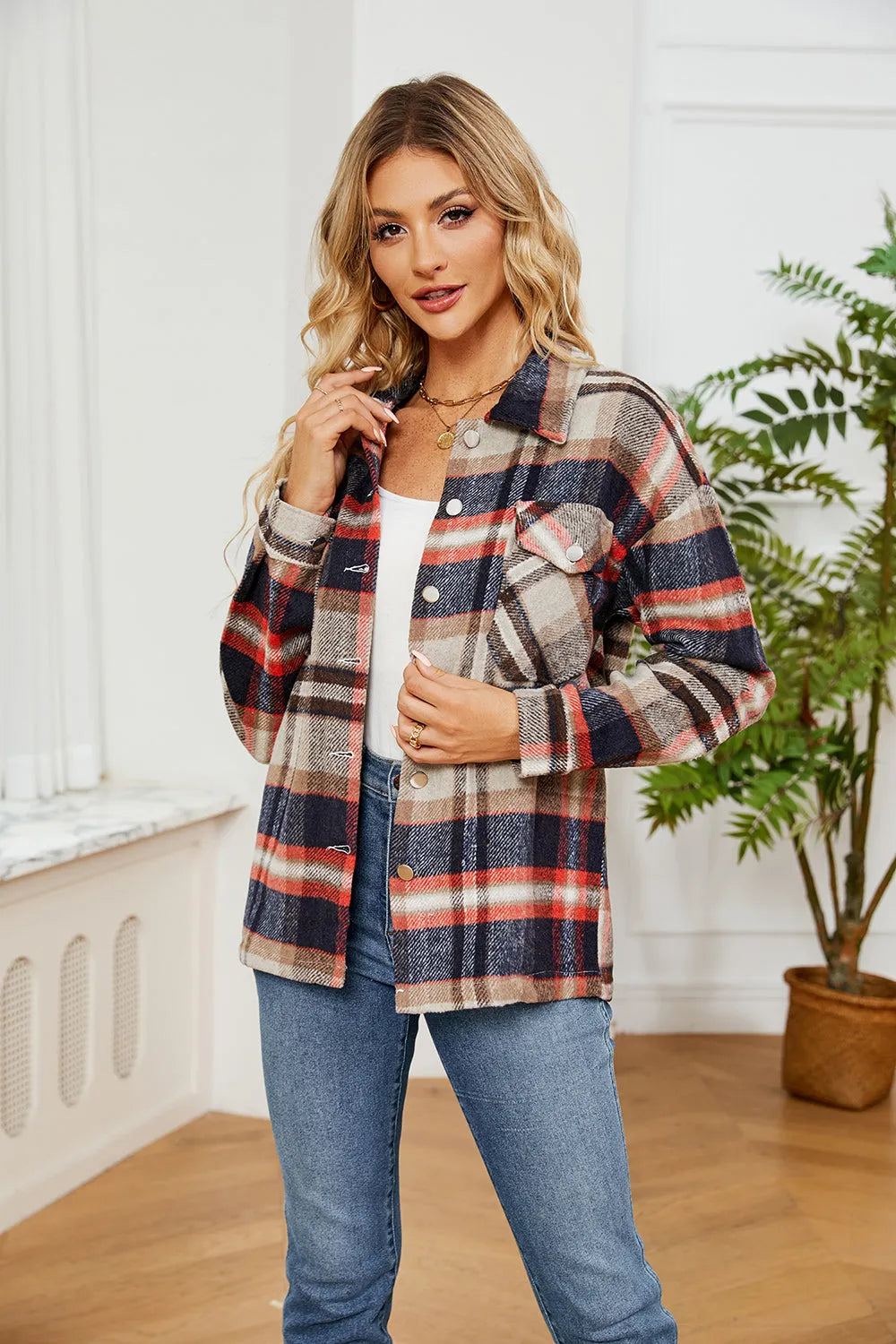 Collared Plaid Shacket - Wellen Fashion