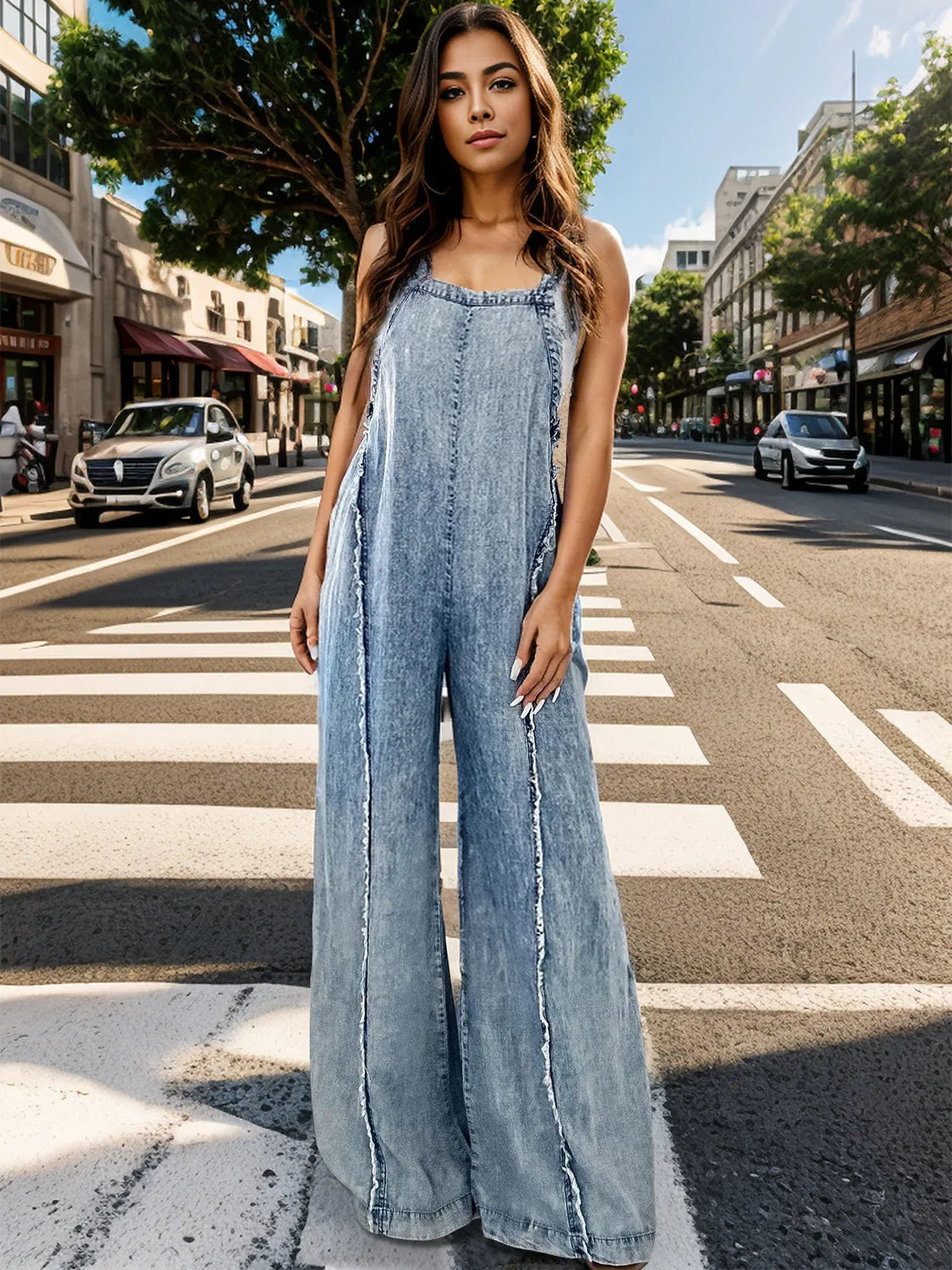 Adjustable Strap Wide Leg Denim Overalls - Wellen Fashion