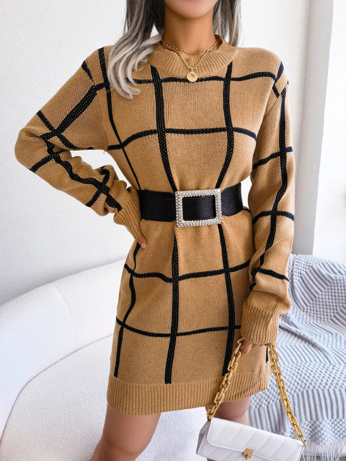 Plaid Round Neck Dropped Shoulder Sweater Dress - Wellen Fashion