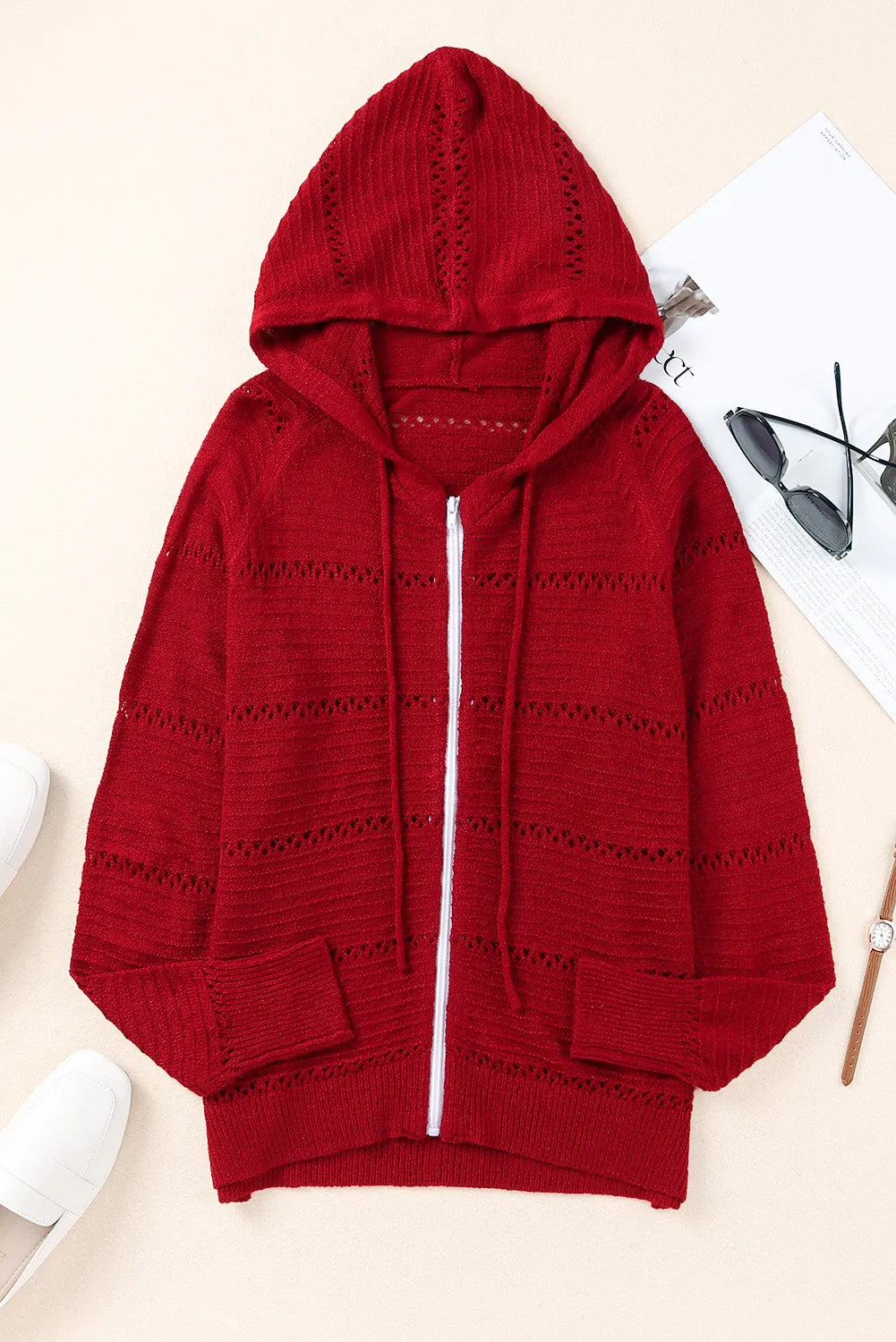 Zip-Up Raglan Sleeve Openwork Hooded Cardigan - Wellen Fashion