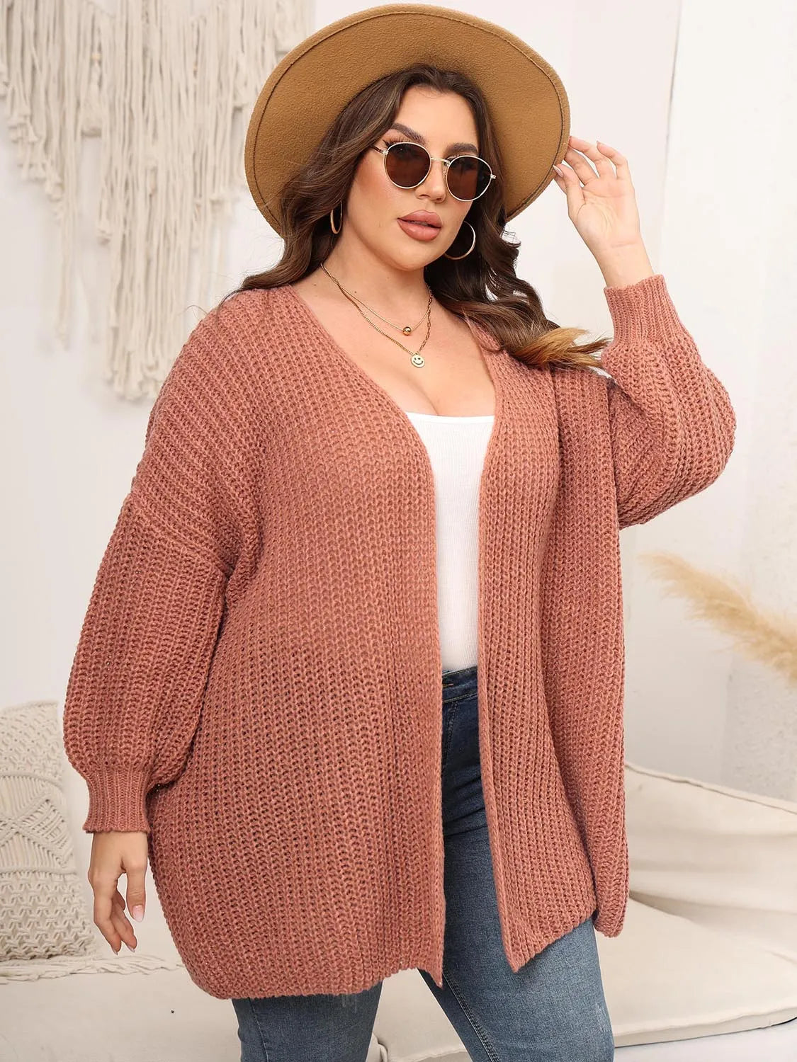 Plus Size Open Front Dropped Shoulder Knit Cardigan - Wellen Fashion