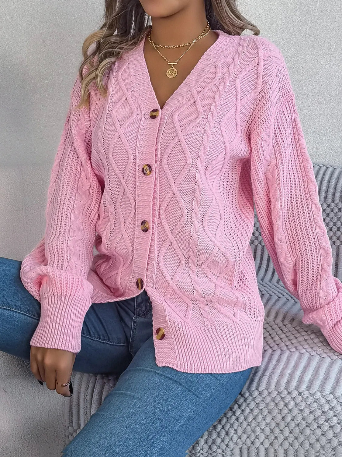 Cable-Knit Long Sleeve Cardigan - Wellen Fashion