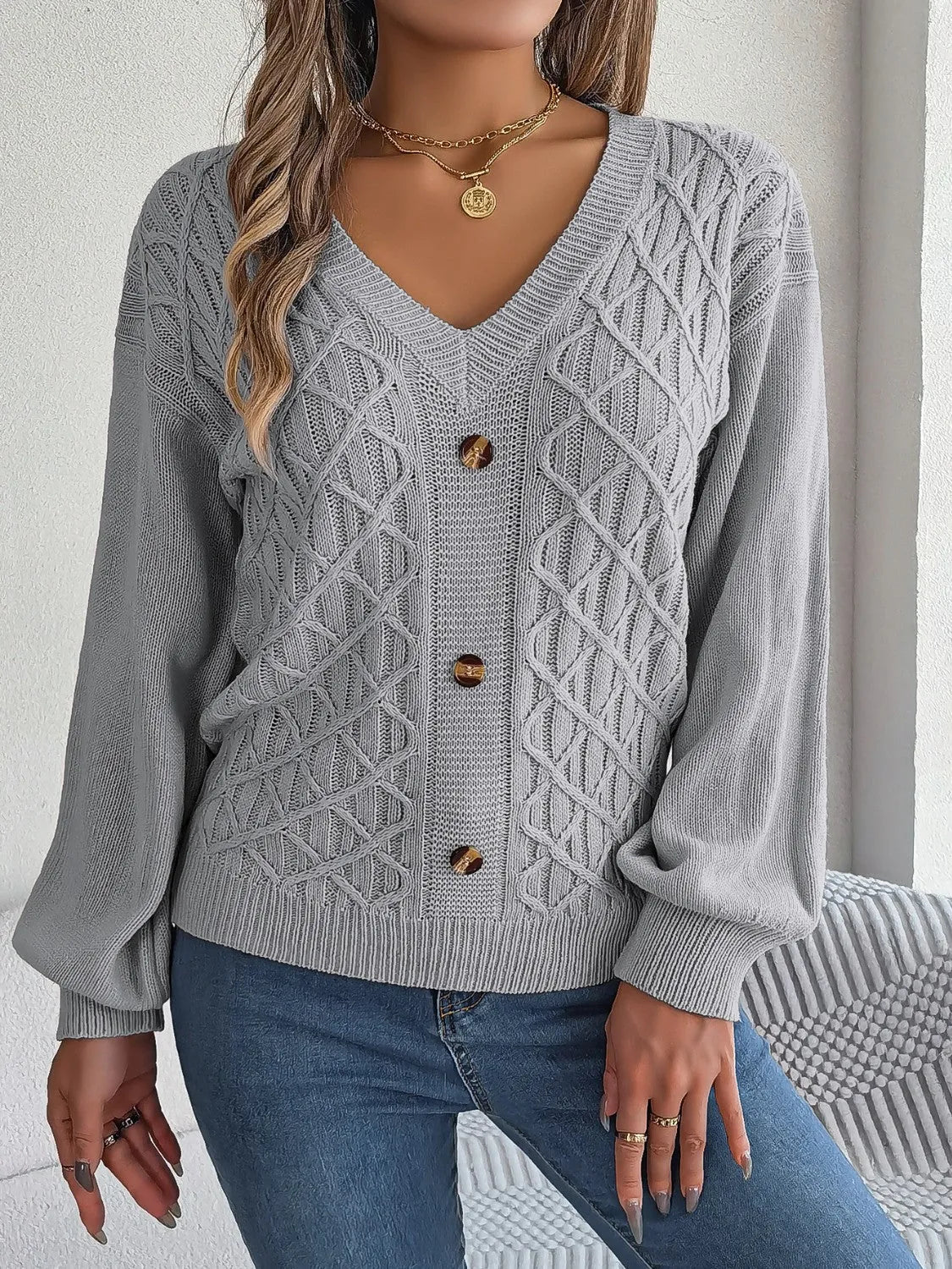 Cable-Knit V-Neck Lantern Sleeve Sweater - Wellen Fashion