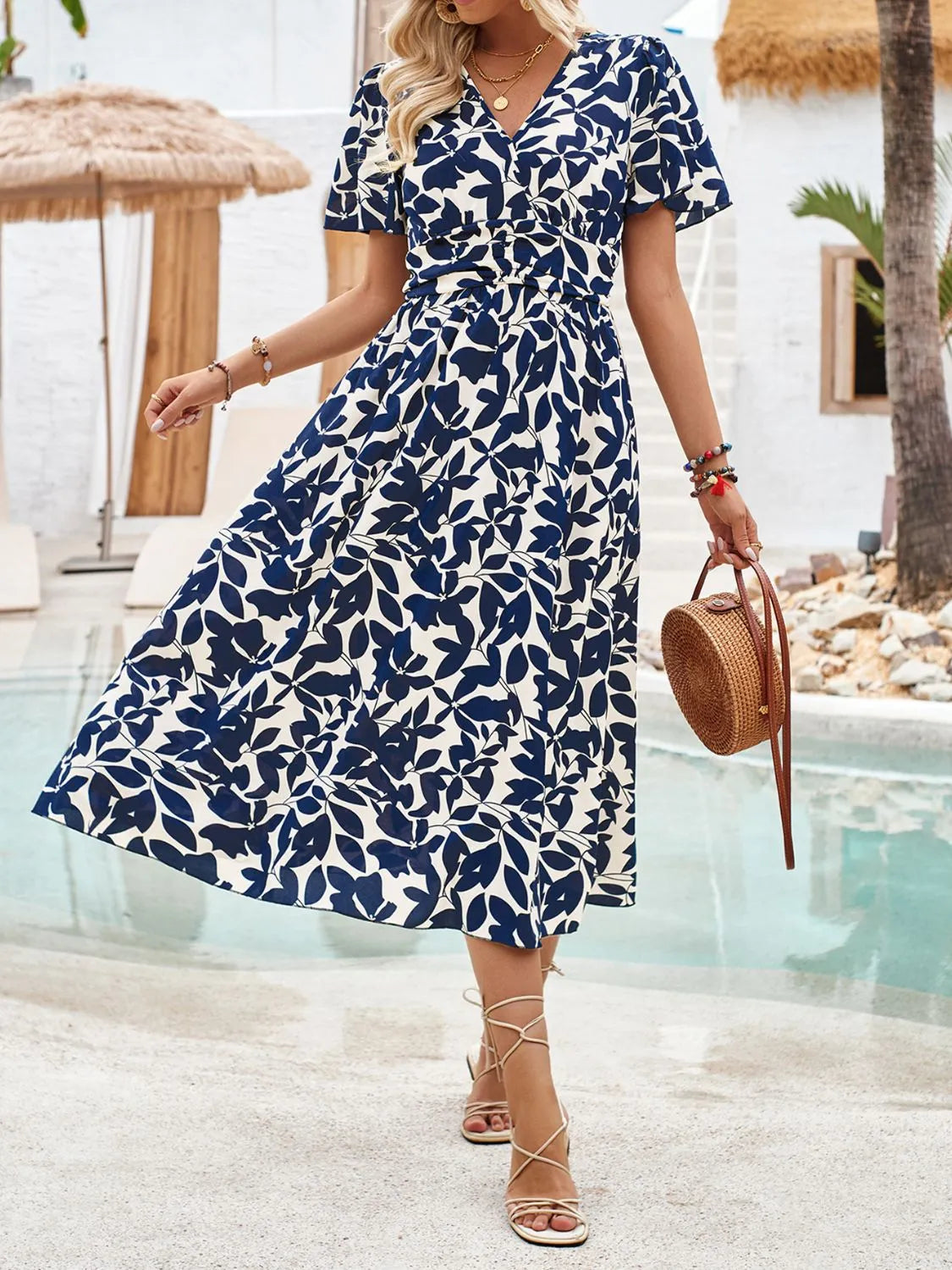 Printed Surplice Short Sleeve Midi Dress - Wellen Fashion