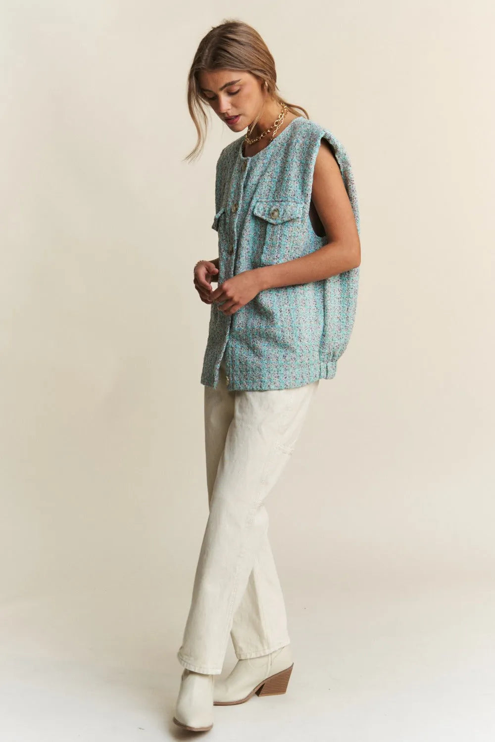 J.NNA Frayed Tweed Padded Shoulder Vest - Wellen Fashion