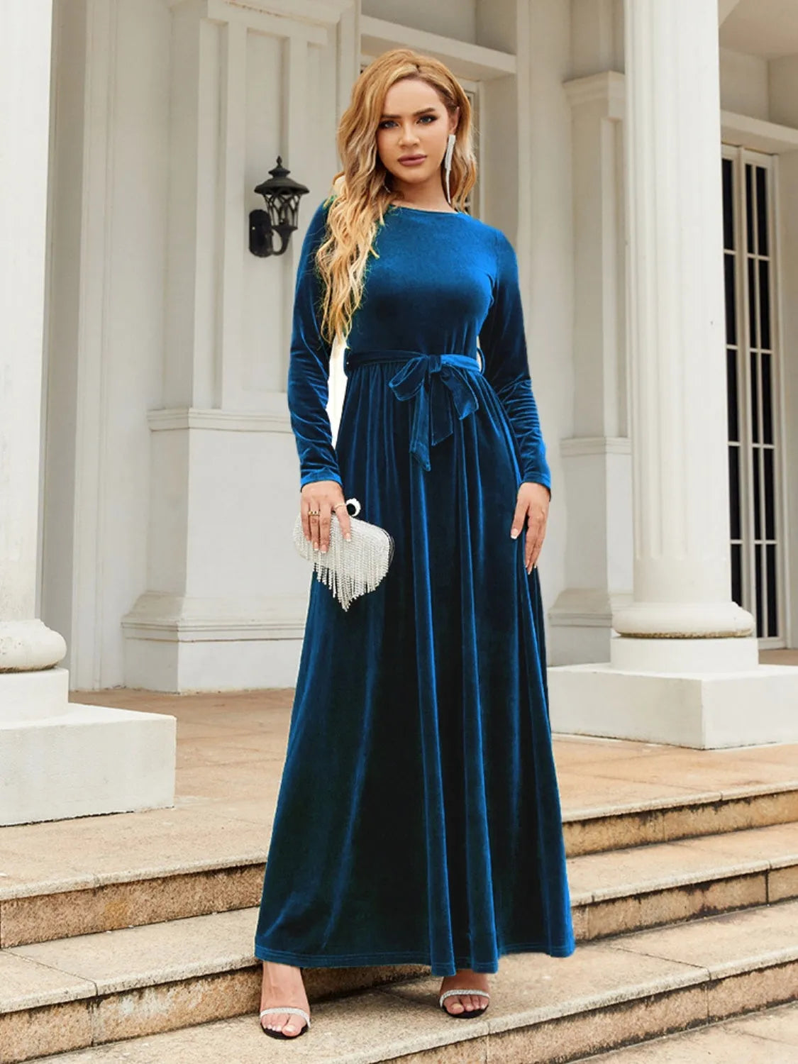 Tie Front Round Neck Long Sleeve Maxi Dress - Wellen Fashion