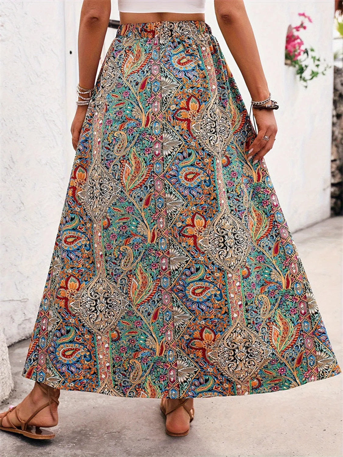 Slit Printed Elastic Waist Skirt - Wellen Fashion