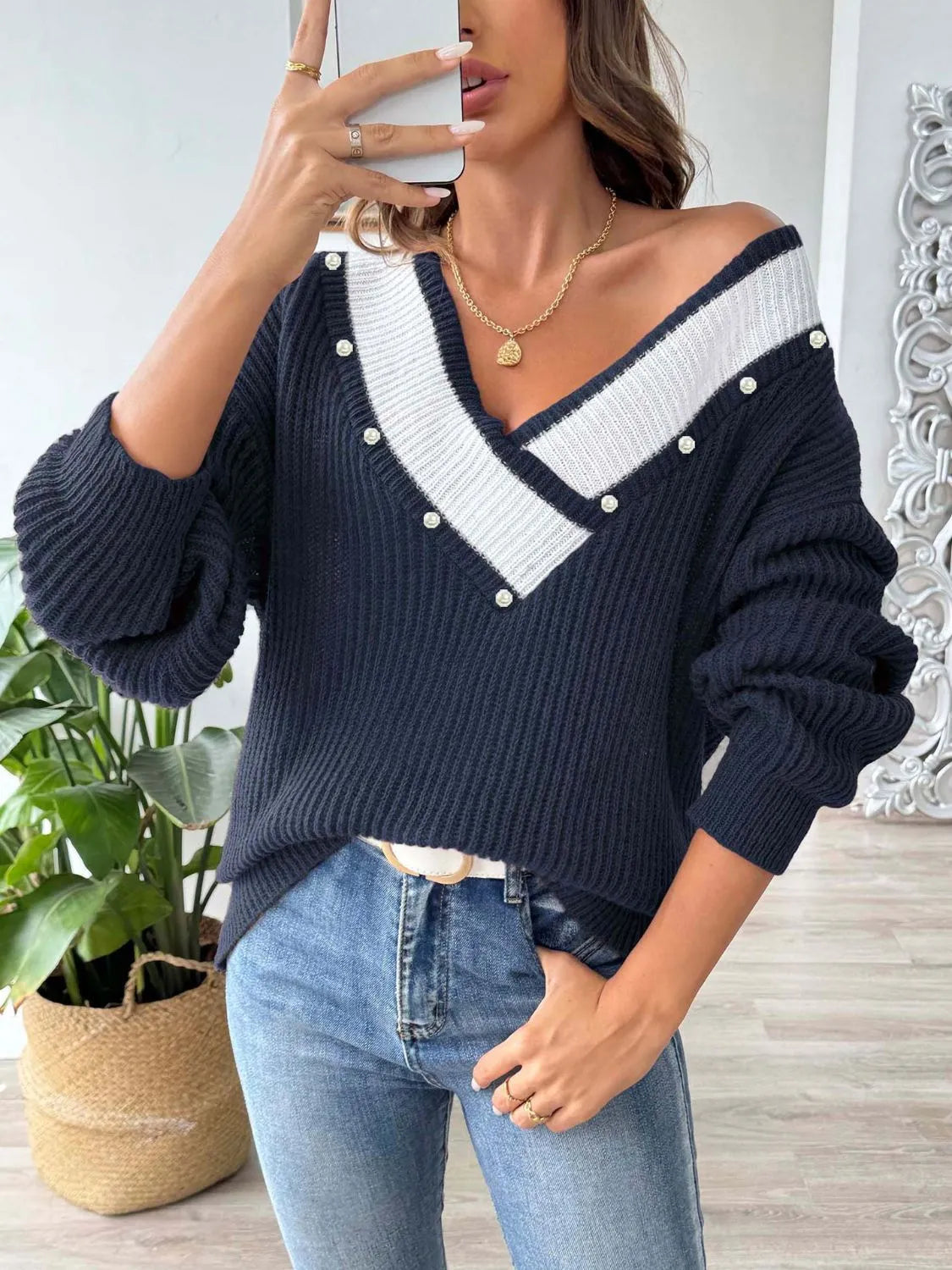 Contrast Trim Dropped Shoulder Long Sleeve Sweater - Wellen Fashion