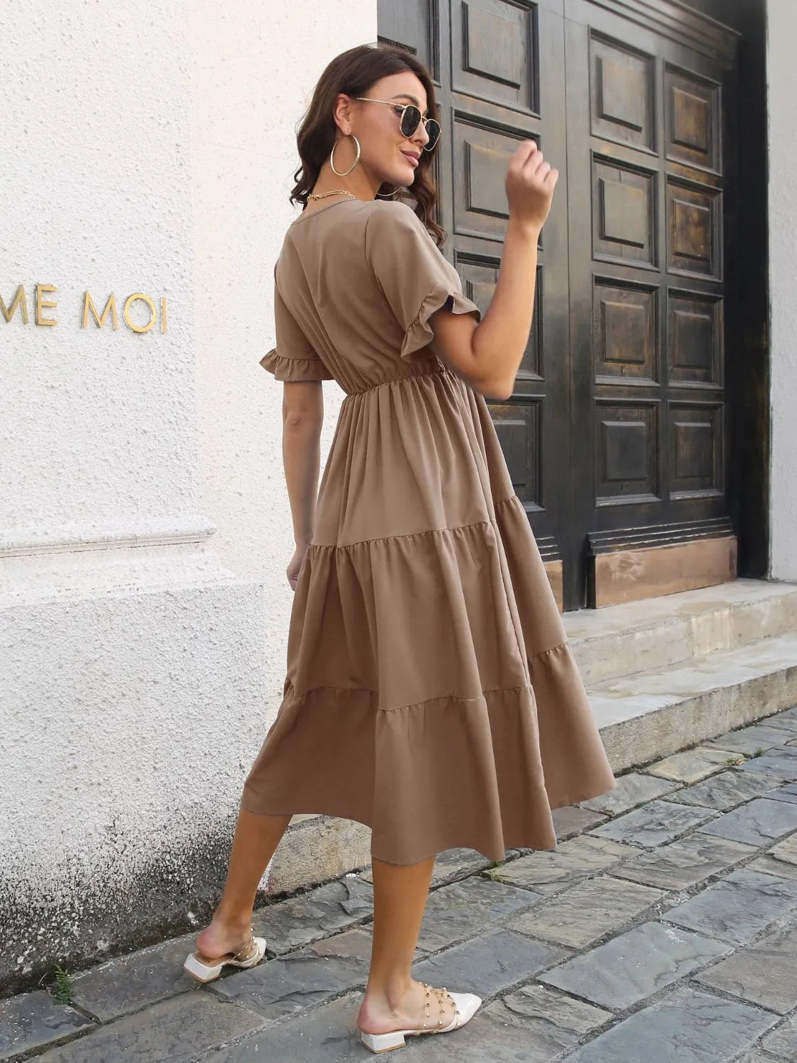 V-Neck Short Sleeve Midi Dress - Wellen Fashion