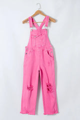 Distressed Pocketed Wide Strap Denim Overalls - Wellen Fashion