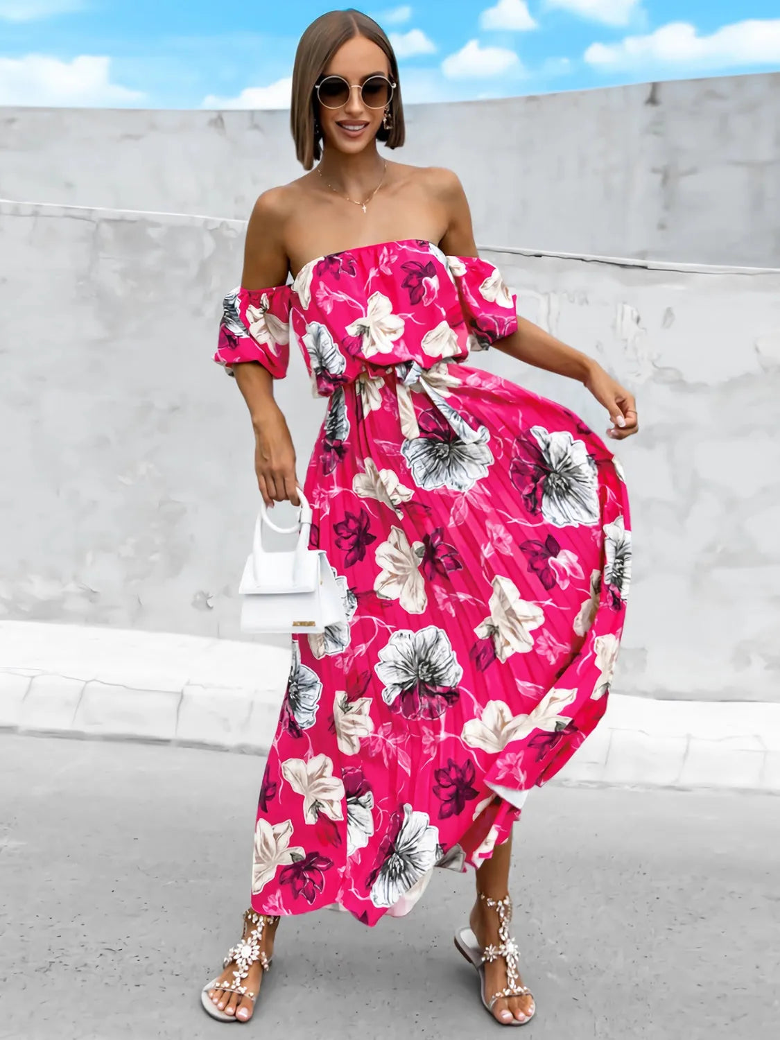 Pleated Floral Off-Shoulder Short Sleeve Midi Dress - Wellen Fashion