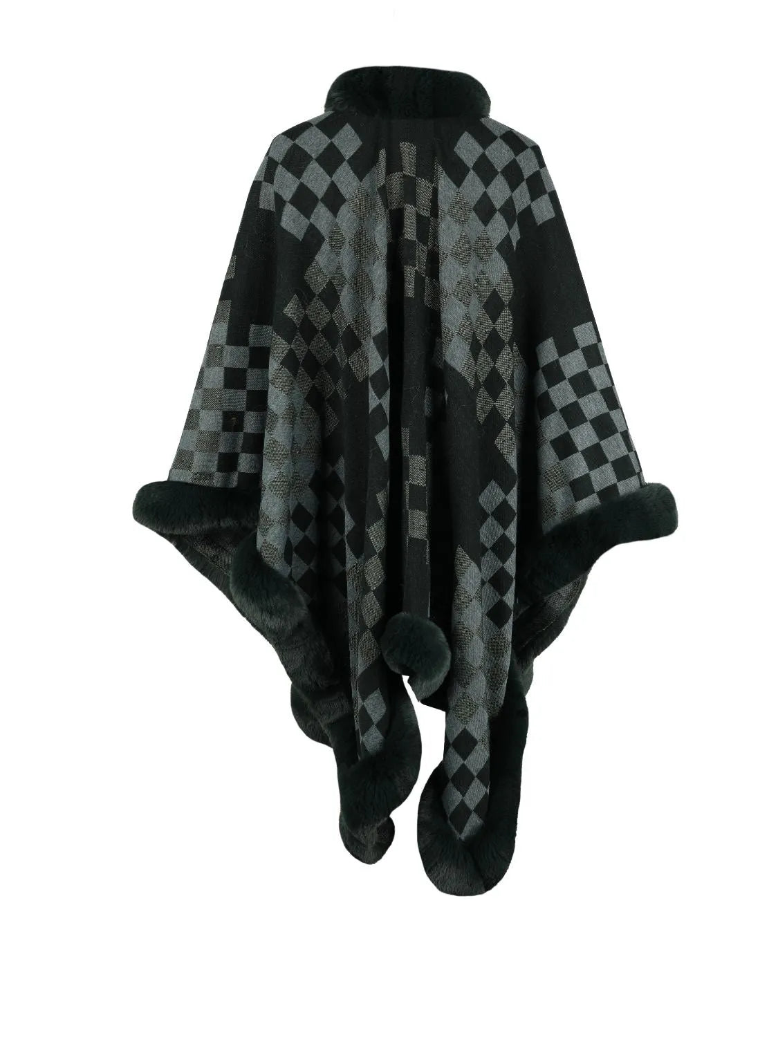 Checkered Faux Fur Trim Poncho - Wellen Fashion