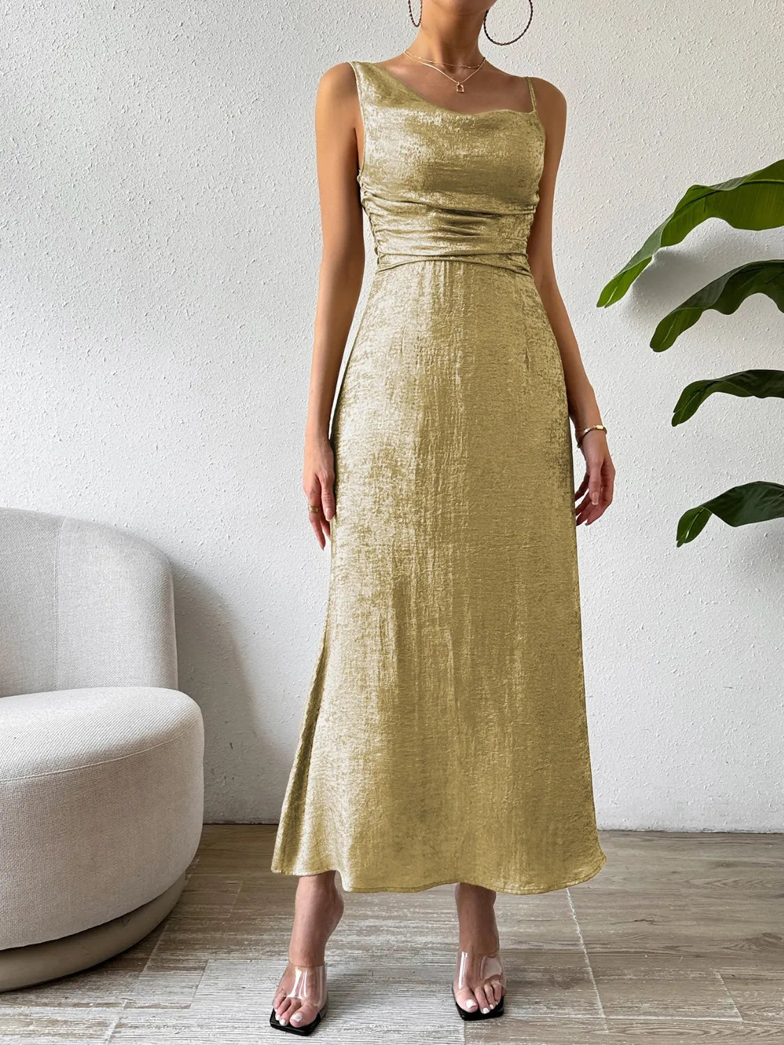 Honey Asymmetric Neck Sleeveless Midi Dress - Wellen Fashion