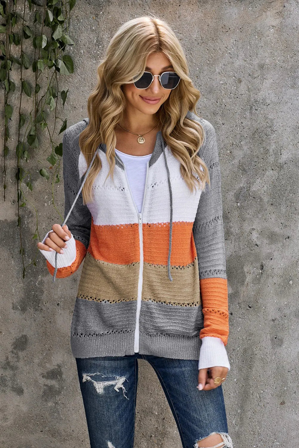 Zip-Up Raglan Sleeve Openwork Hooded Cardigan - Wellen Fashion