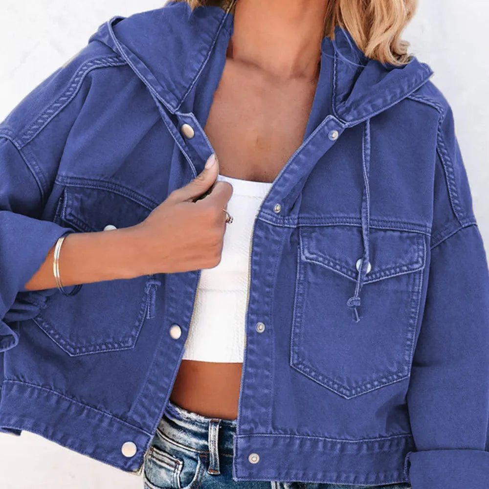 Hooded Dropped Shoulder Denim Jacket - Wellen Fashion