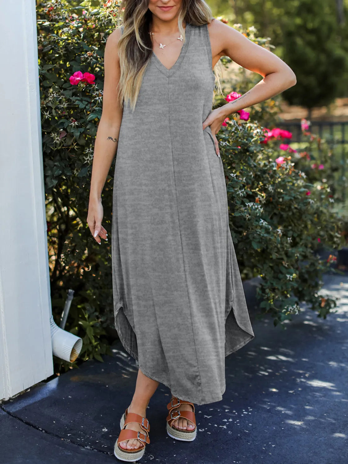 Full Size V-Neck Midi Tank Dress - Wellen Fashion