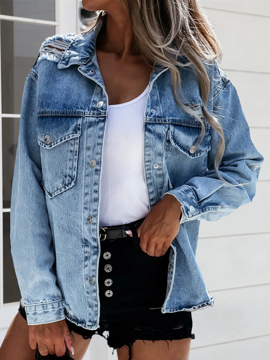 Distressed Snap Down Denim Jacket - Wellen Fashion