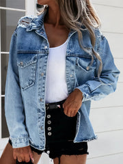 Distressed Snap Down Denim Jacket - Wellen Fashion