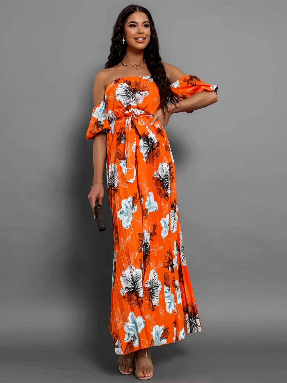 Pleated Floral Off-Shoulder Short Sleeve Midi Dress - Wellen Fashion