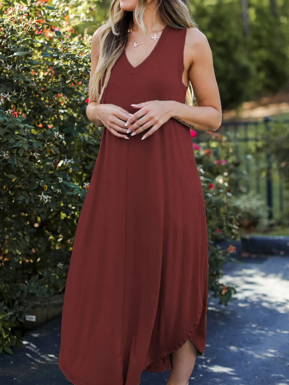 Full Size V-Neck Midi Tank Dress - Wellen Fashion