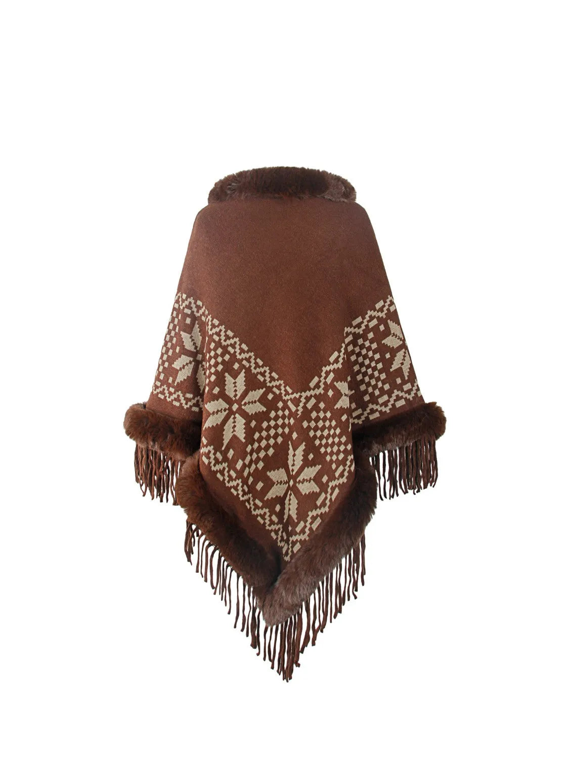 Fringe Geometric Cape Sleeve Poncho - Wellen Fashion