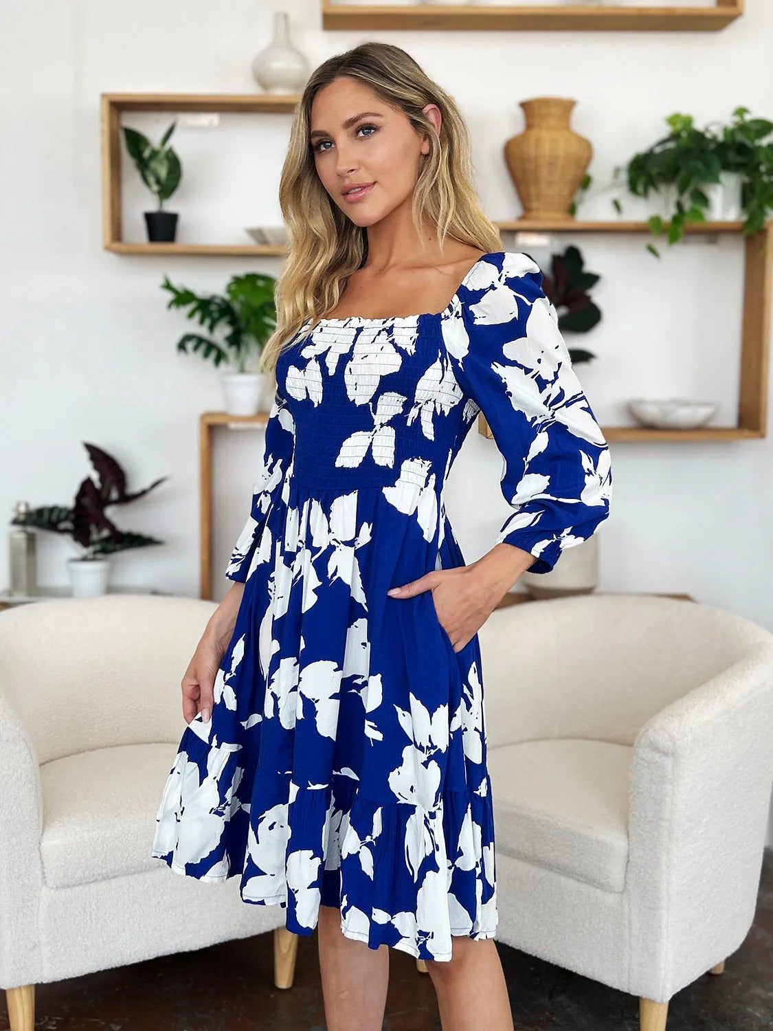 Double Take Full Size Floral Ruffle Hem Smocked Dress with Pockets - Wellen Fashion