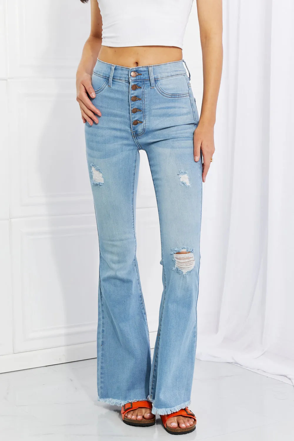 Vibrant MIU Full Size Jess Button Flare Jeans - Wellen Fashion