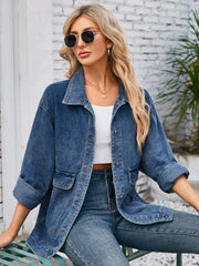 Button Up Long Sleeve Denim Jacket - Wellen Fashion