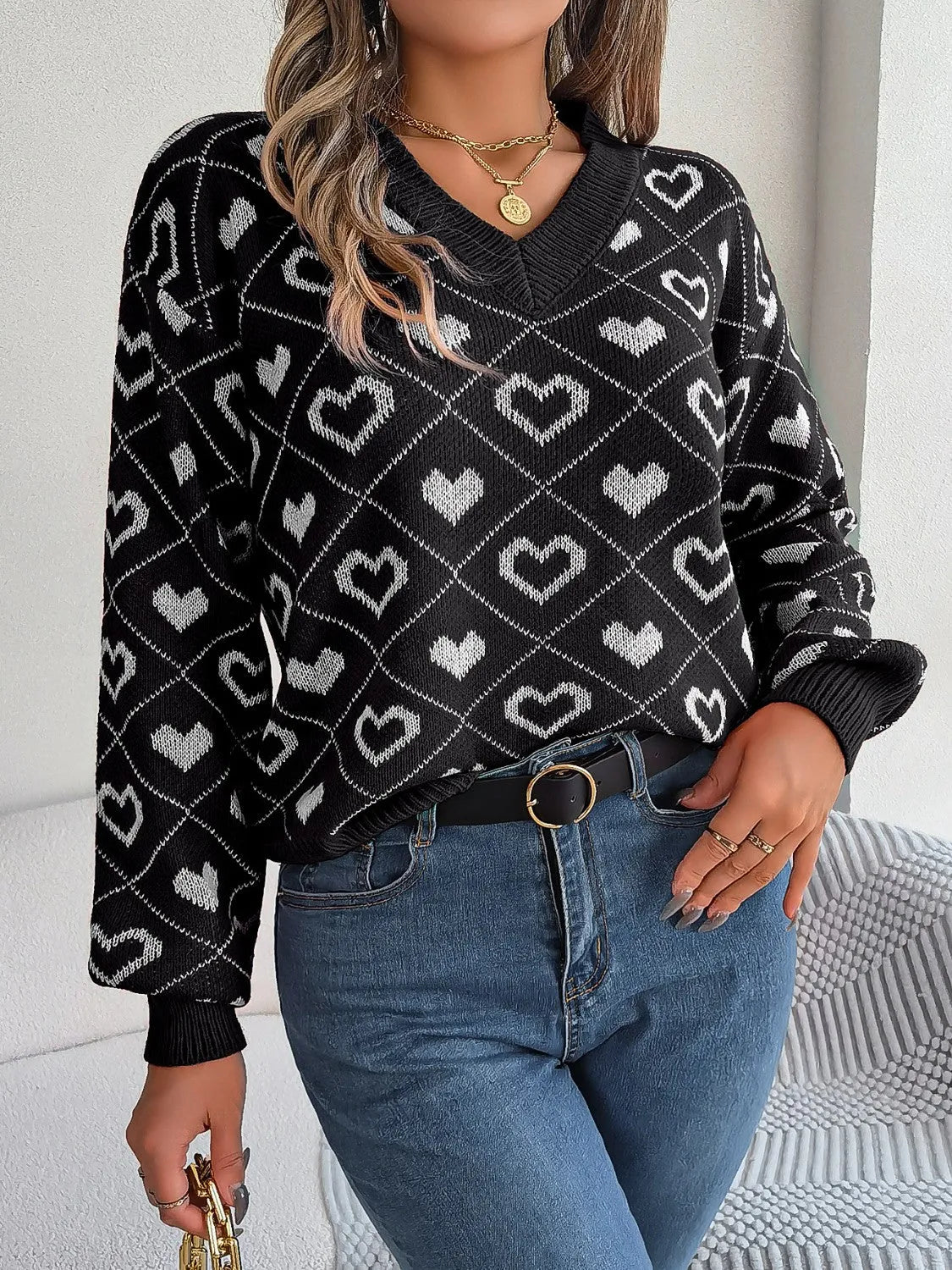 Heart Pattern V-Neck Long Sleeve Sweater - Wellen Fashion