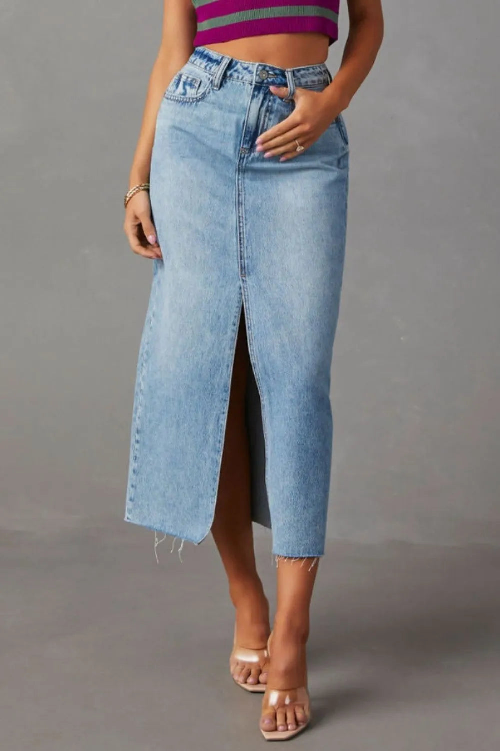 Slit Raw Hem Midi Denim Skirt - Wellen Fashion