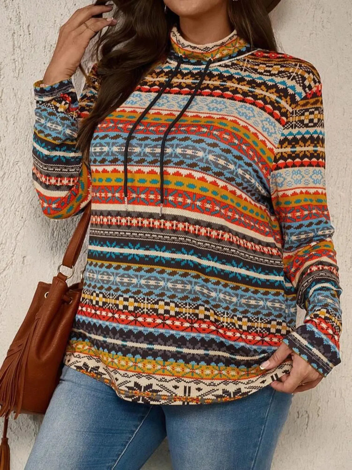 Plus Size Drawstring Printed Mock Neck Long Sleeve Top - Wellen Fashion