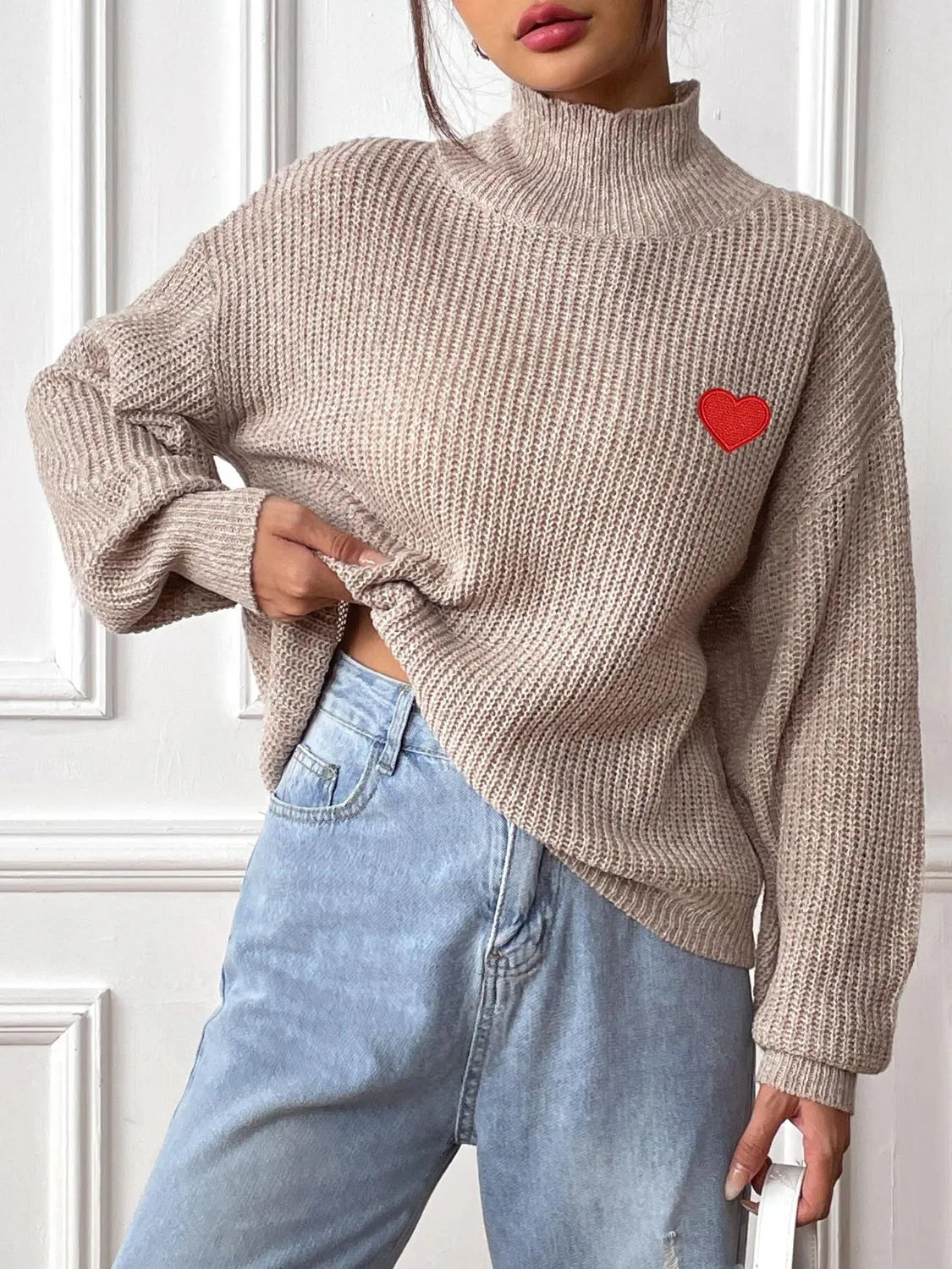 Heart Turtleneck Dropped Shoulder Long Sleeve Sweater - Wellen Fashion