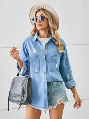 Distressed Raw Hem Dropped Shoulder Denim Jacket - Wellen Fashion