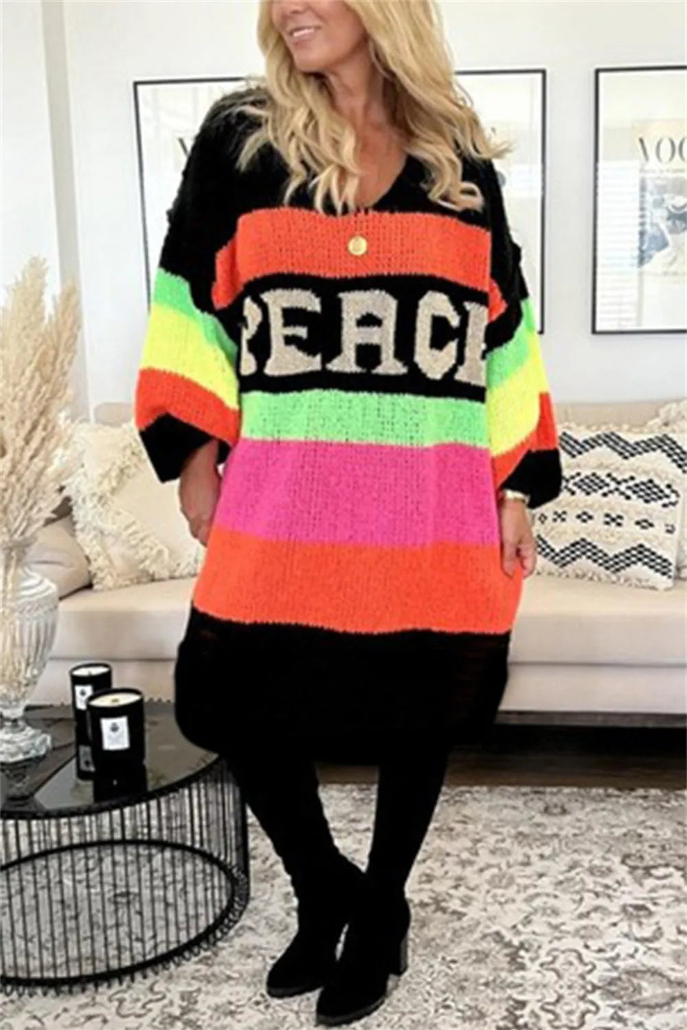 Color Block V-Neck Long Sleeve Sweater Dress - Wellen Fashion