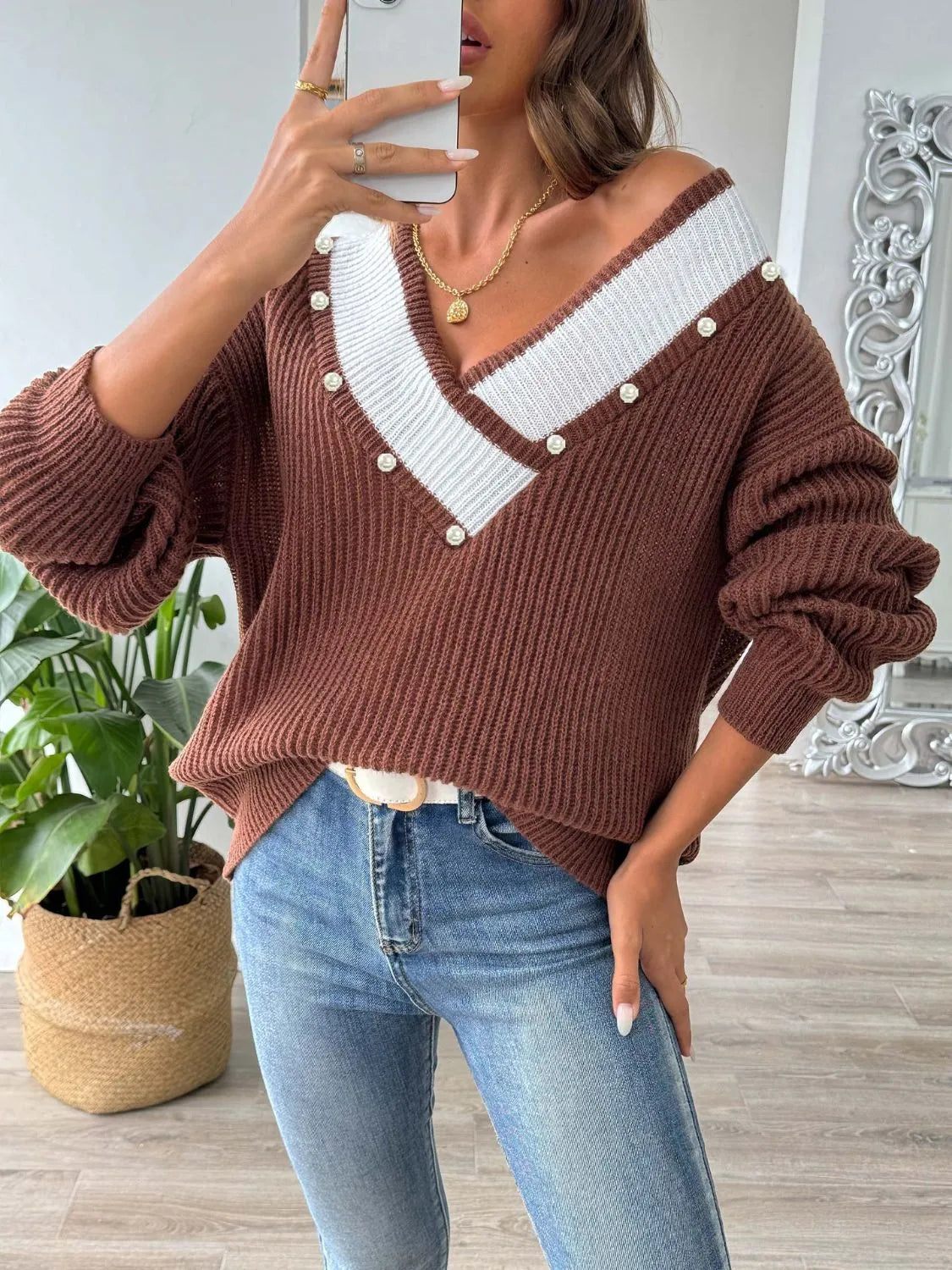 Contrast Trim Dropped Shoulder Long Sleeve Sweater - Wellen Fashion