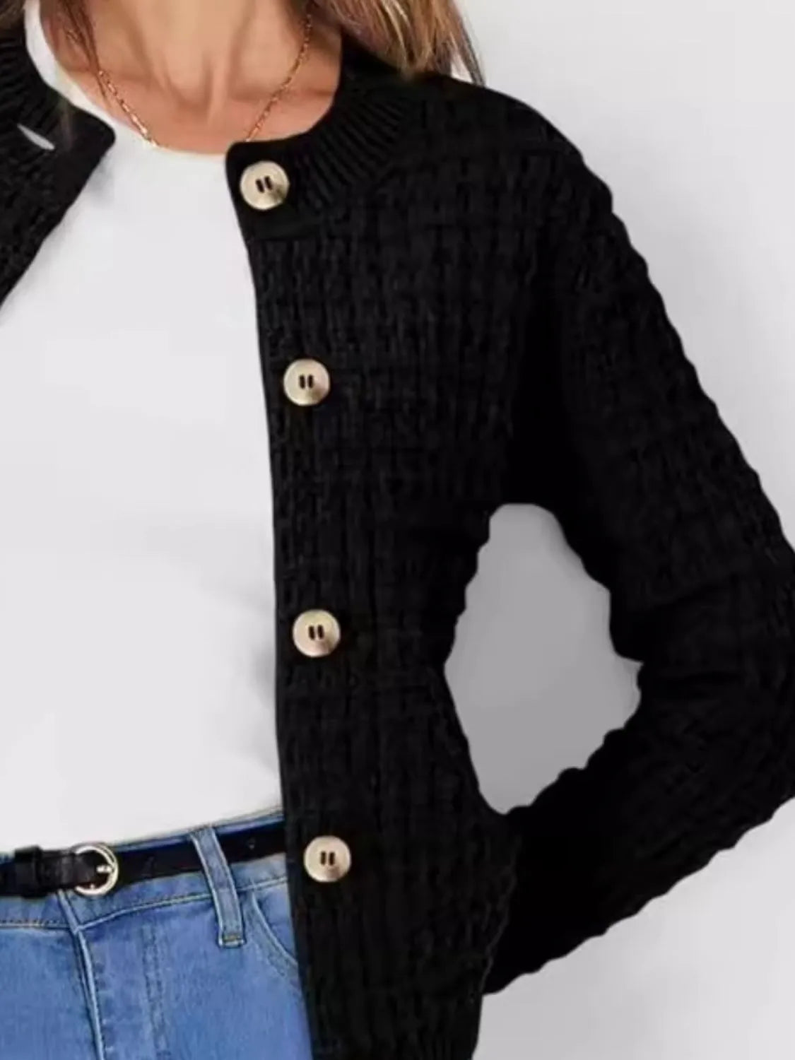 Button Up Round Neck Long Sleeve Cardigan - Wellen Fashion