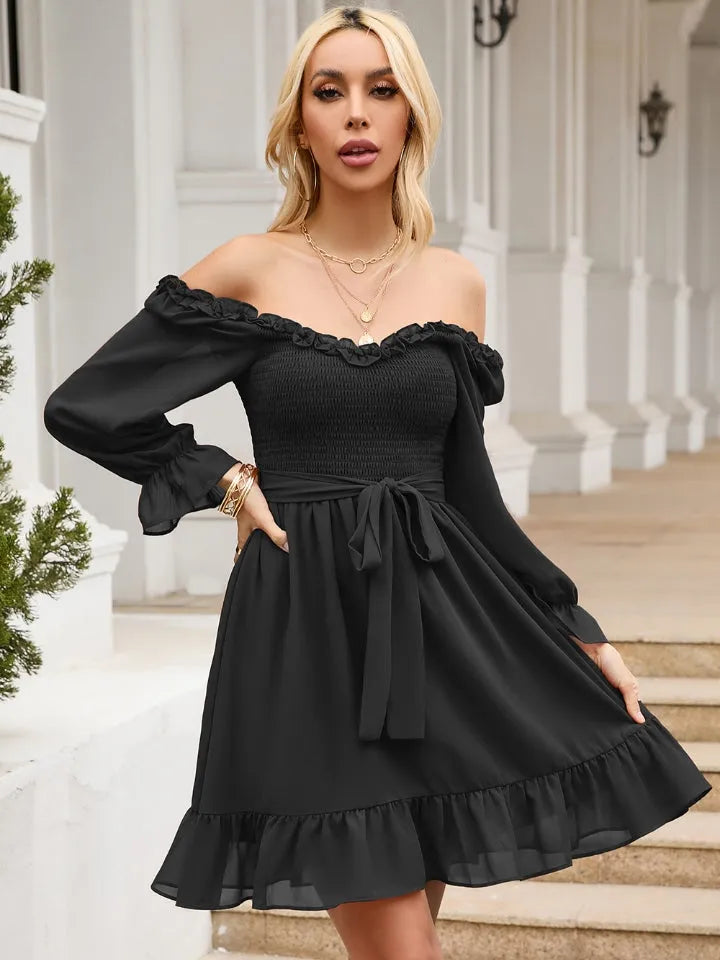 Tie Front Ruffle Hem Smocked Dress - Wellen Fashion