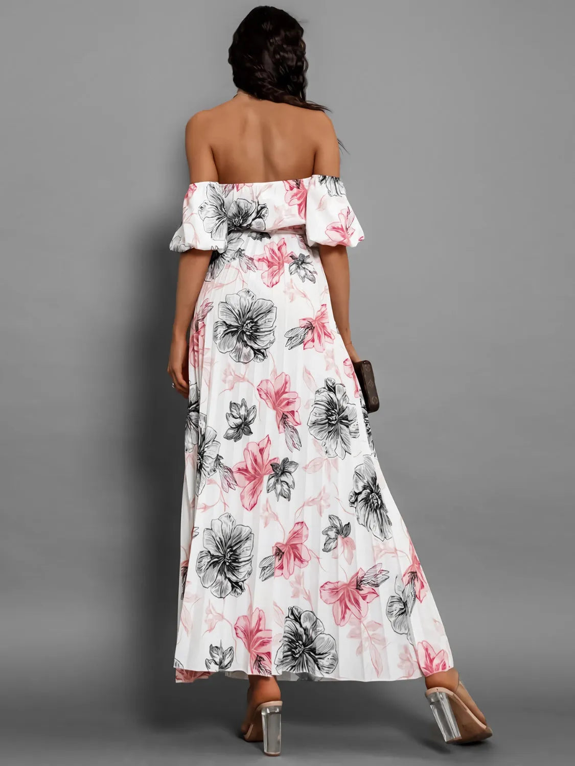 Pleated Floral Off-Shoulder Short Sleeve Midi Dress - Wellen Fashion