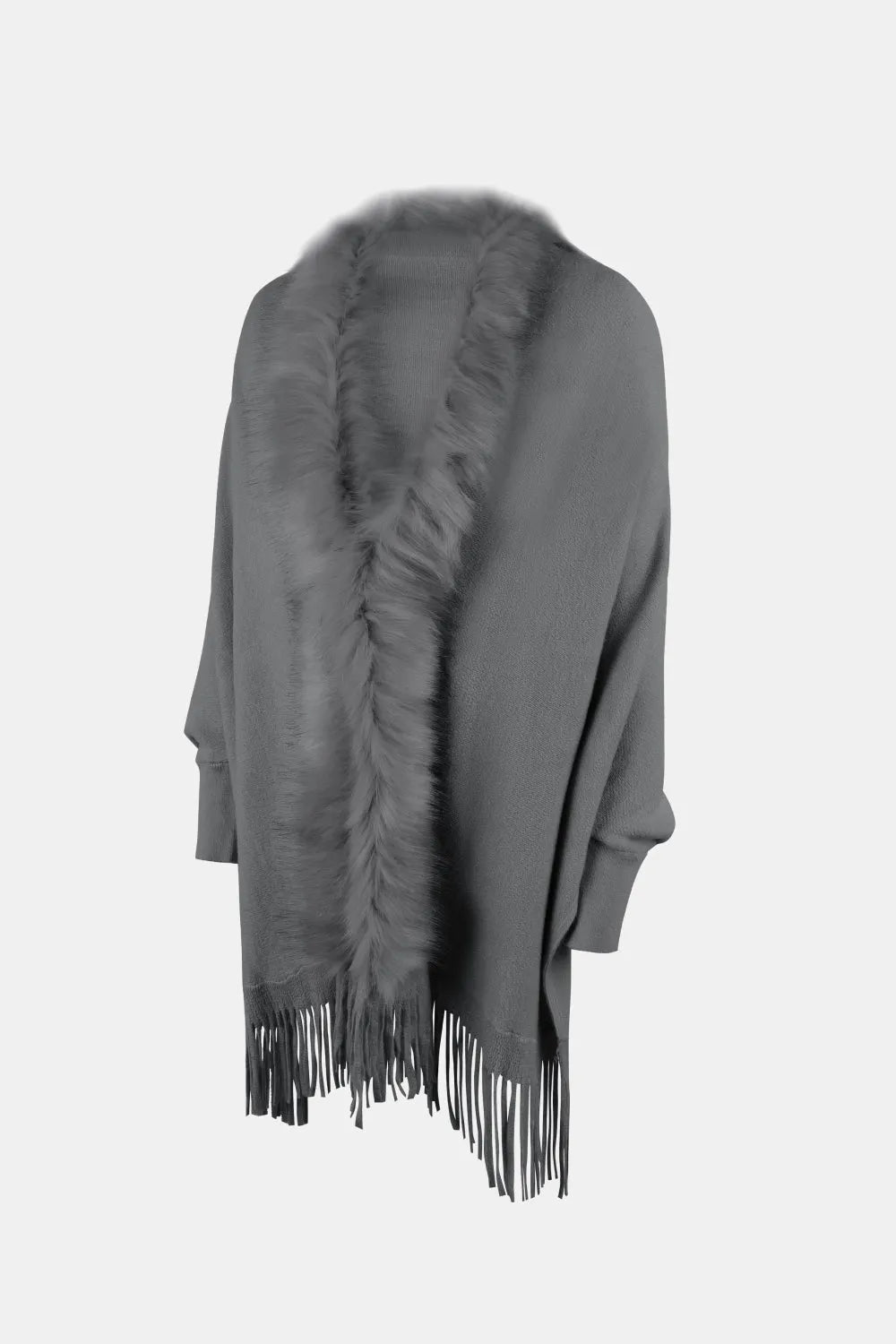 Fringe Open Front Long Sleeve Poncho - Wellen Fashion