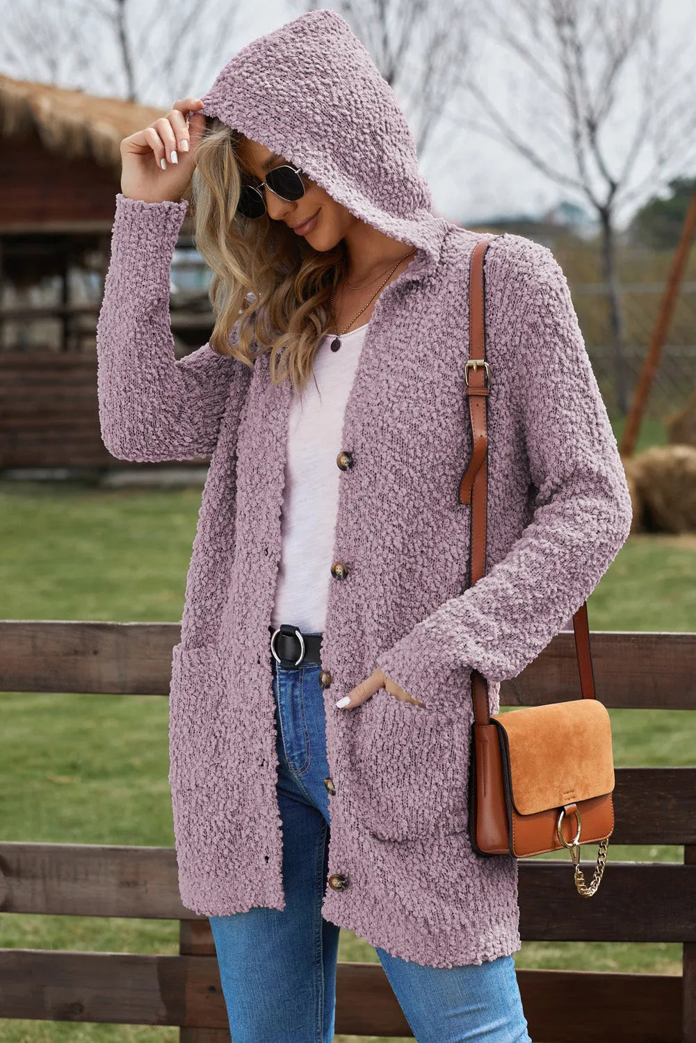 Double Take Popcorn-Knit Long Sleeve Hooded Cardigan - Wellen Fashion