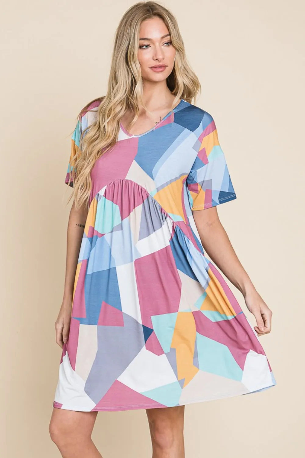 BOMBOM Ruched Color Block Short Sleeve Dress - Wellen Fashion