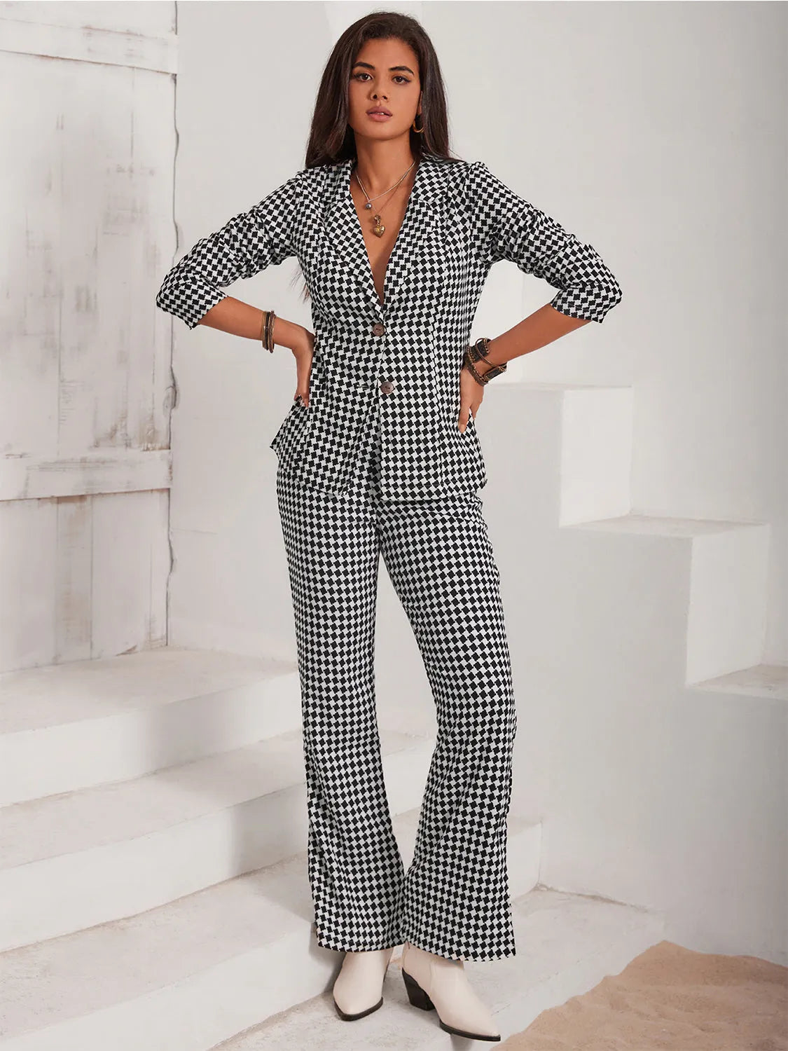 Checkered Blazer & Slit Pants Set - Wellen Fashion