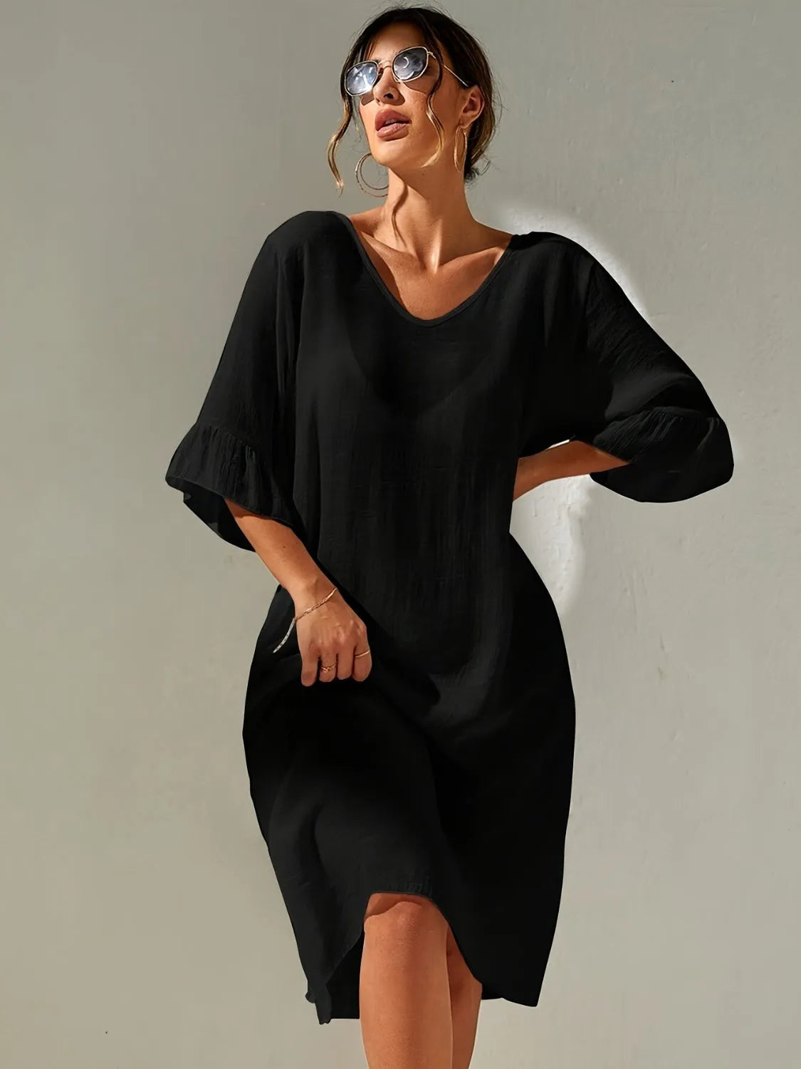 Slit V-Neck Flounce Sleeve Cover-Up - Wellen Fashion