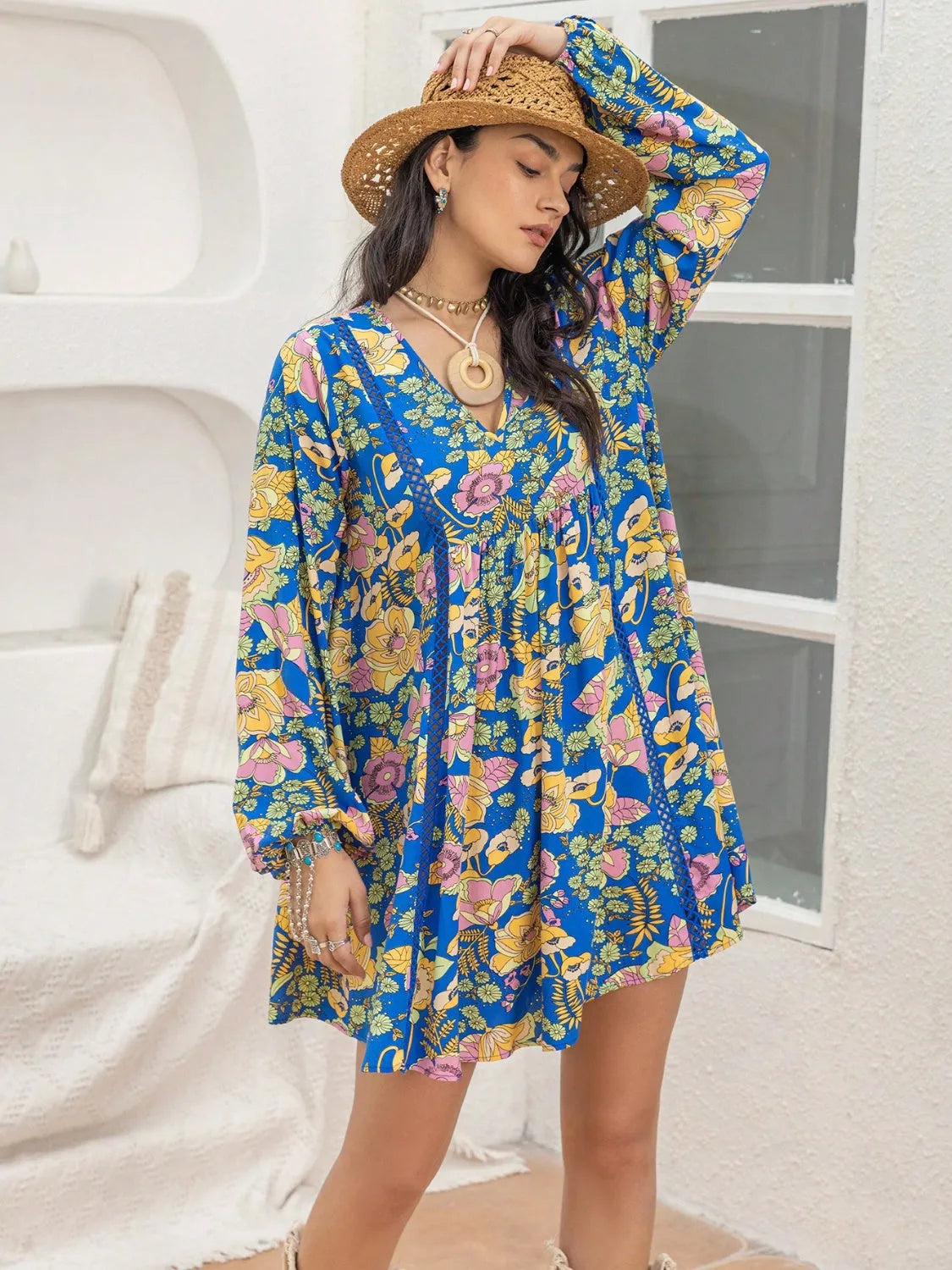 Printed V-Neck Balloon Sleeve Mini Dress - Wellen Fashion