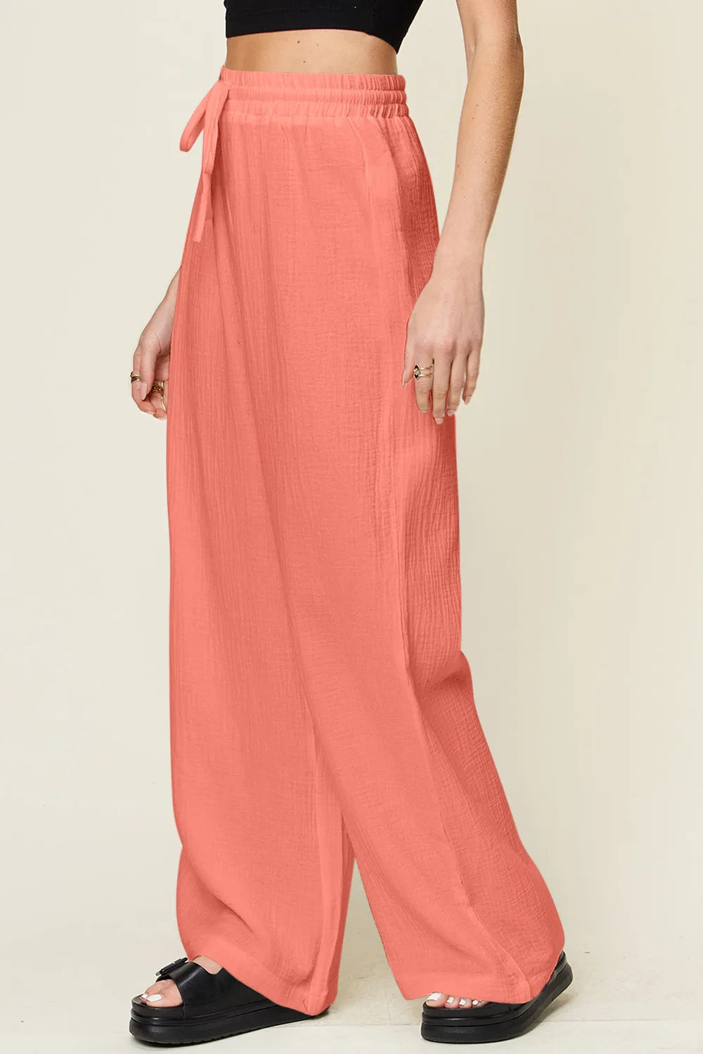 Double Take Full Size Texture Drawstring Wide Leg Pants - Wellen Fashion