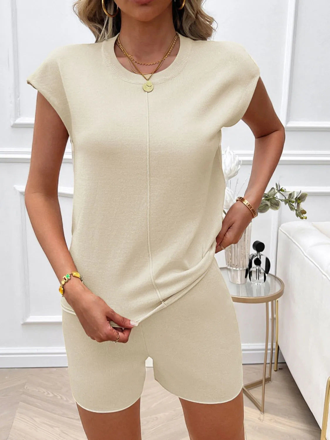 Devine Round Neck Cap Sleeve Top and Shorts Sweater Set - Wellen Fashion