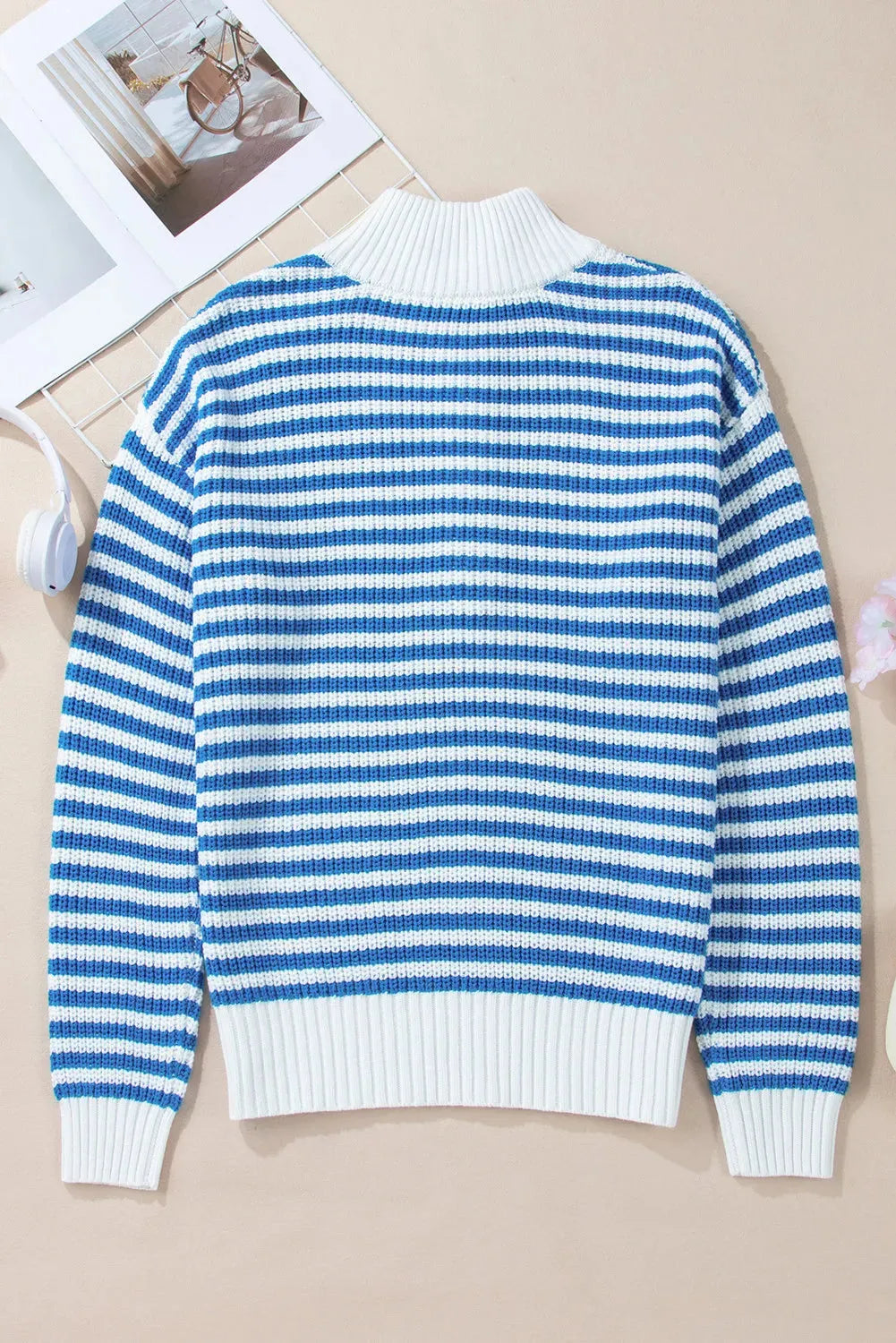 Striped Half Zip Long Sleeve Sweater - Wellen Fashion