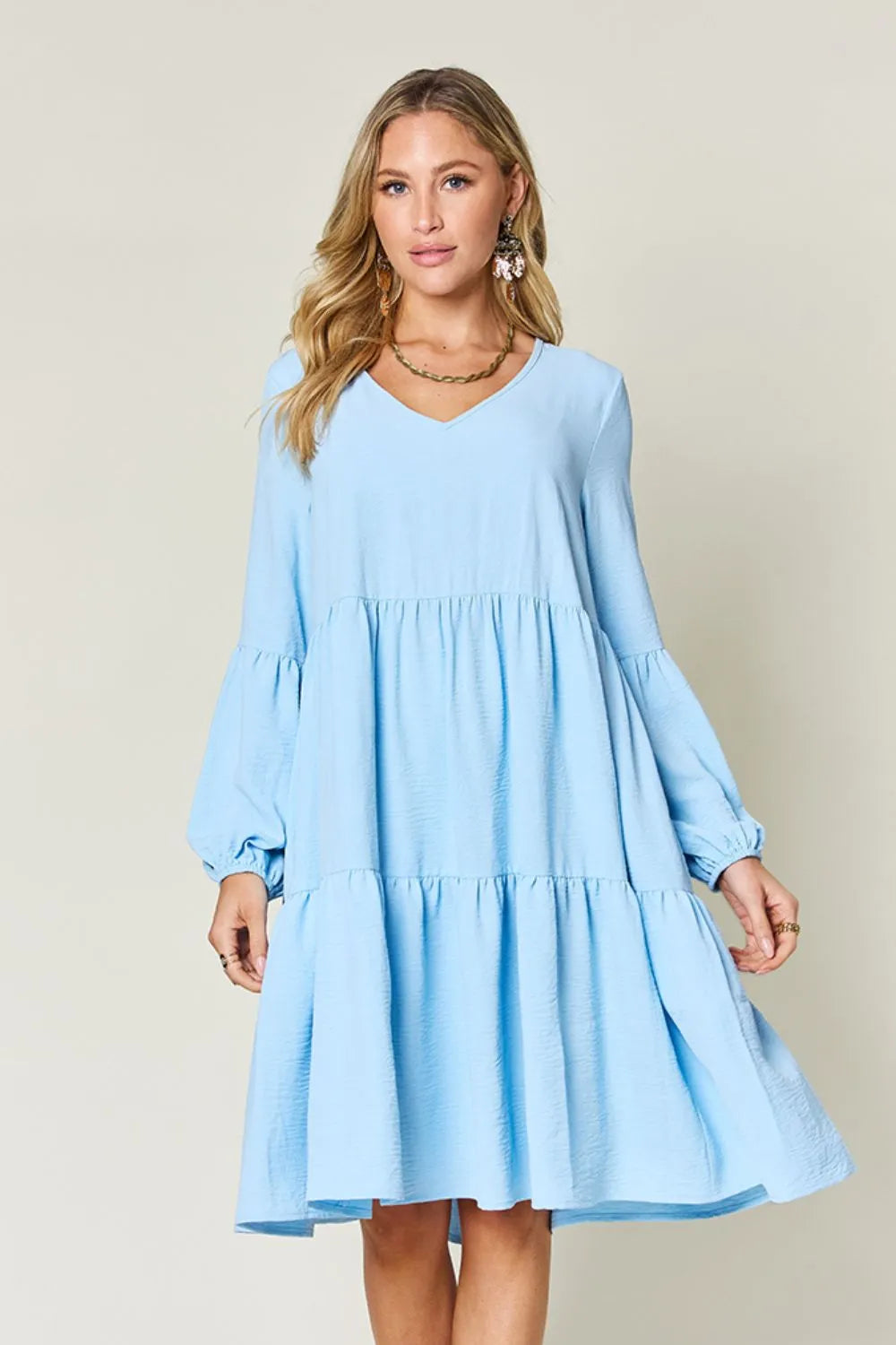 Double Take Full Size V-Neck Balloon Sleeve Tiered Dress with Pockets - Wellen Fashion