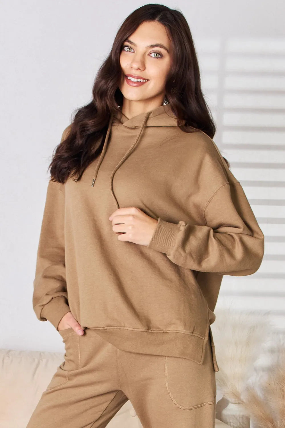 RISEN Drawstring Drop Shoulder Long Sleeve Hoodie - Wellen Fashion