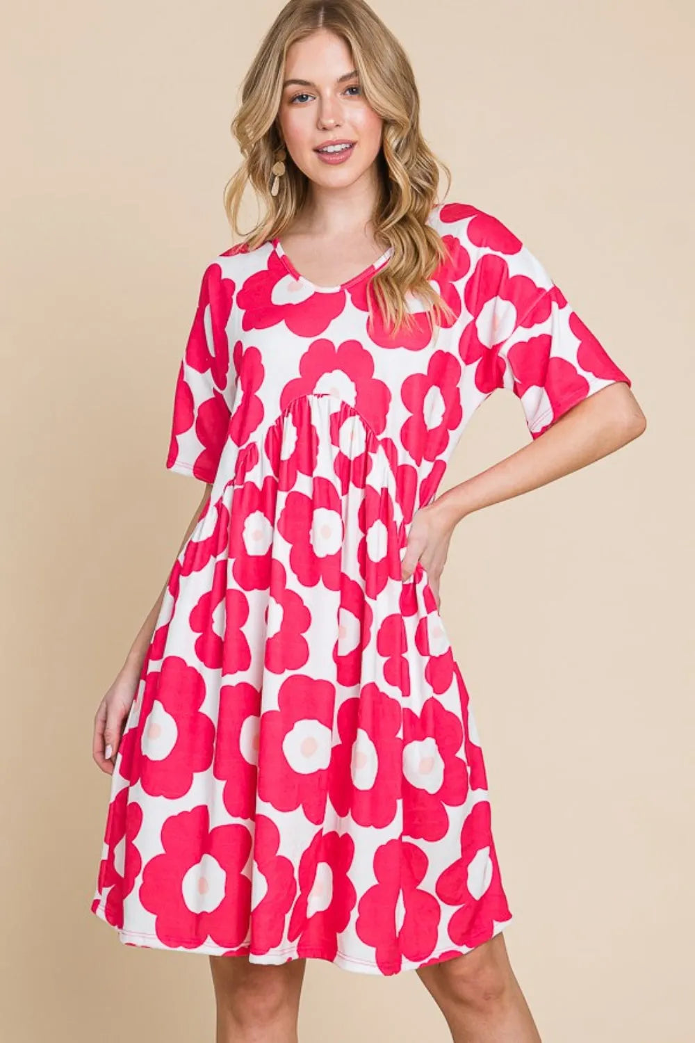 BOMBOM Flower Print Ruched Dress - Wellen Fashion